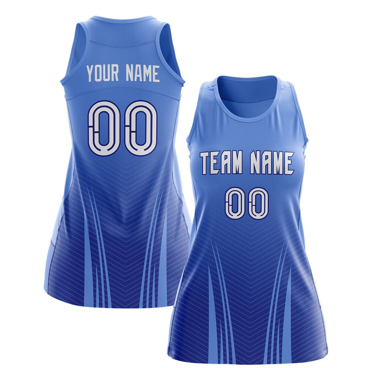 Custom Netball Dress | Light Blue Royal Blue V-Shaped Pinstripes Gradient Team Uniform
