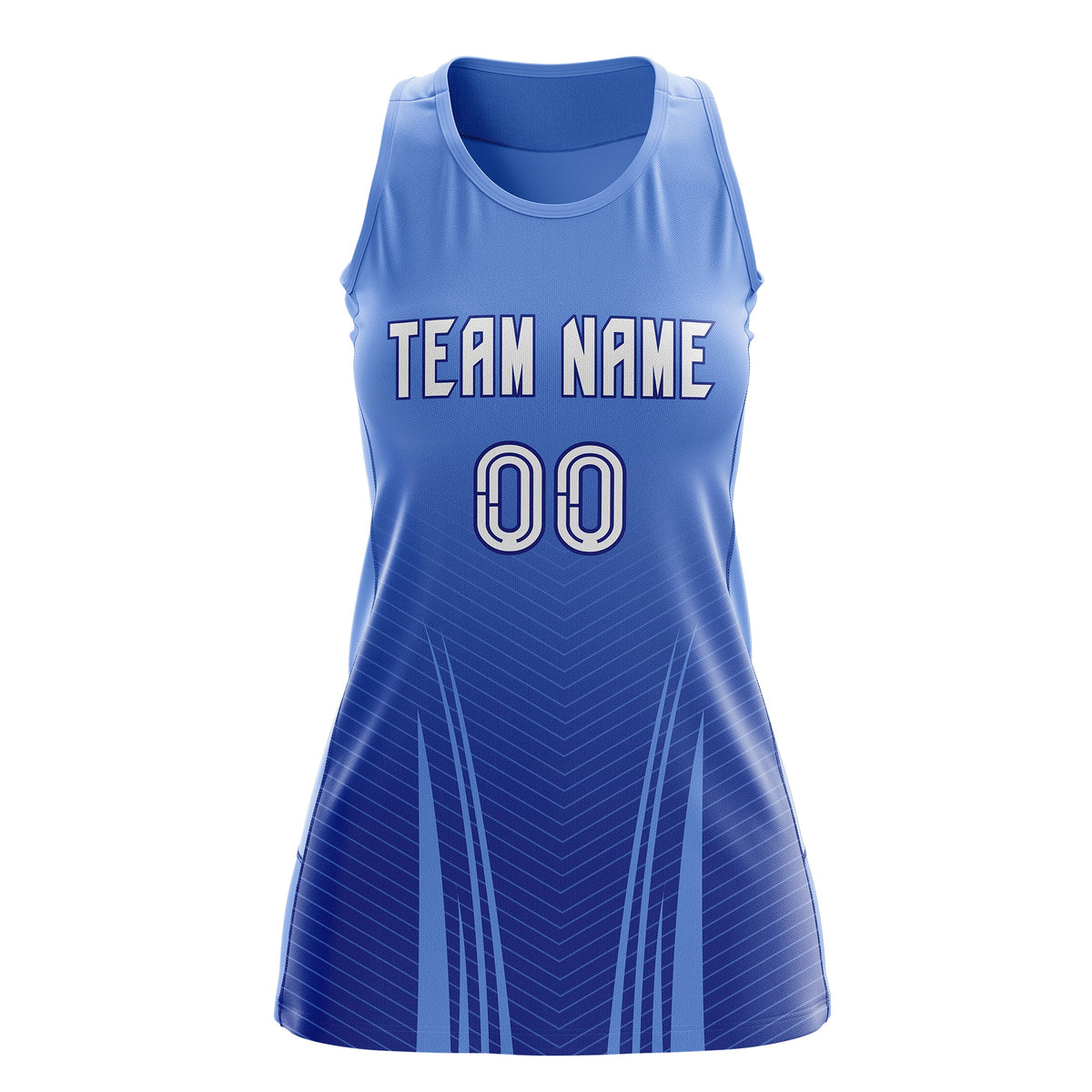 Custom Netball Dress | Light Blue Royal Blue V-Shaped Pinstripes Gradient Team Uniform