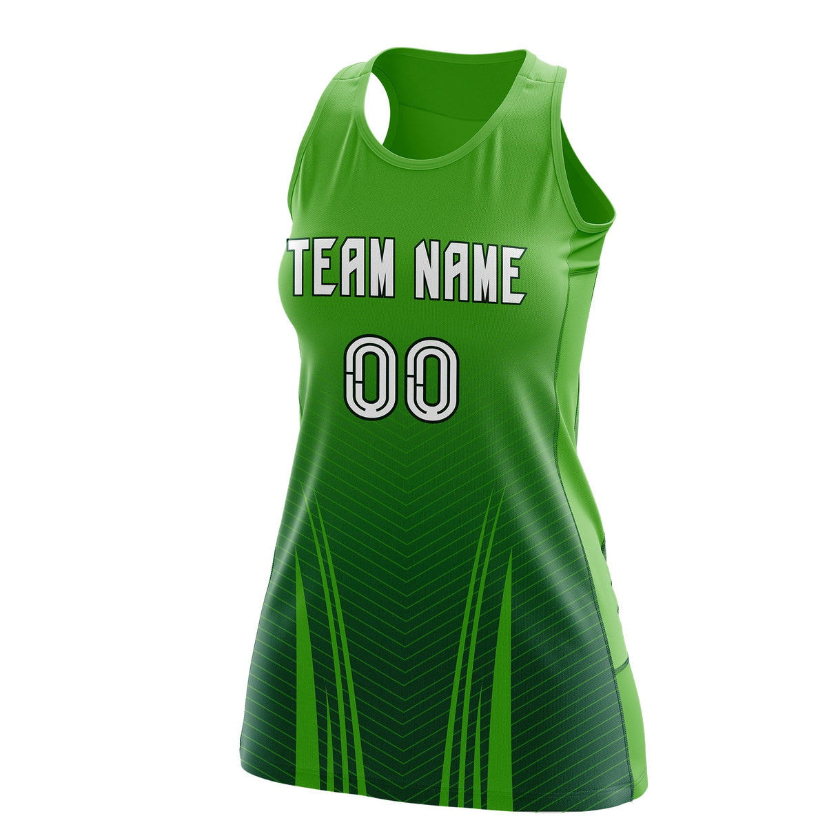 Custom Netball Dress Light Green Green for Women with V-Shaped Pinstripes Personalized Team Uniform