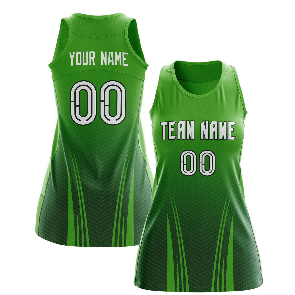 Custom Netball Dress Light Green Green for Women with V-Shaped Pinstripes Personalized Team Uniform