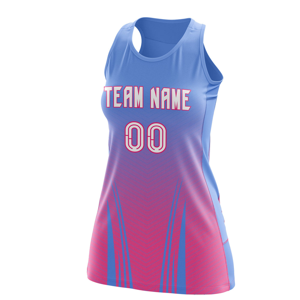 Custom Women Netball Dress | Light Blue Pink V-Shaped Pinstripes Uniform with Name &amp; Number