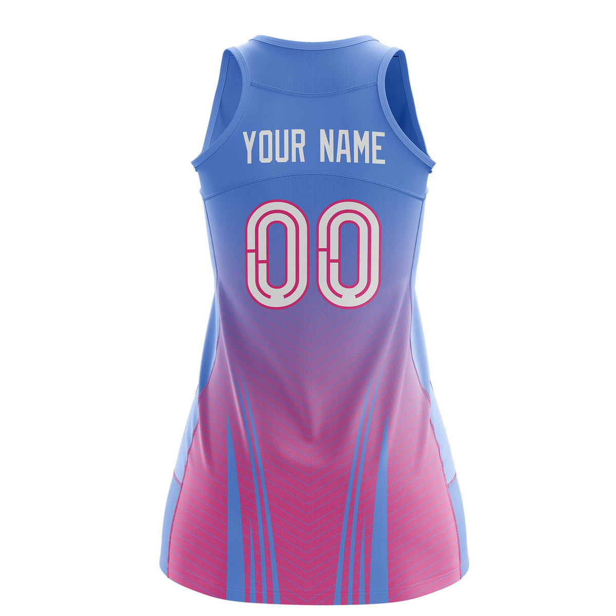 Custom Women Netball Dress | Light Blue Pink V-Shaped Pinstripes Uniform with Name &amp; Number