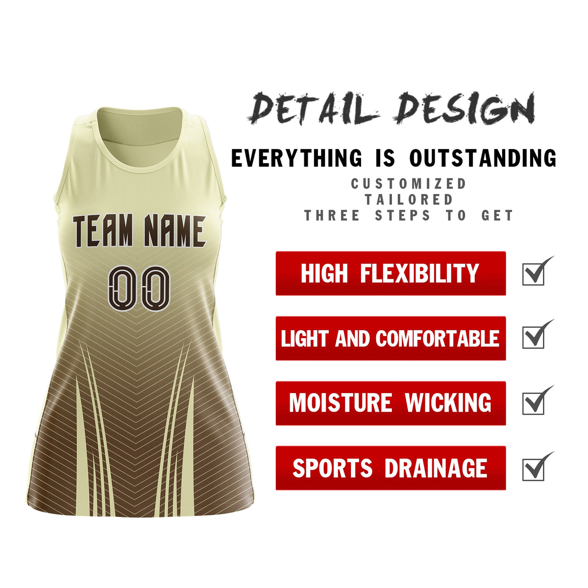 Custom Netball Dress | Cream Light Brown V-Shaped Pinstripes Gradient Team Uniform