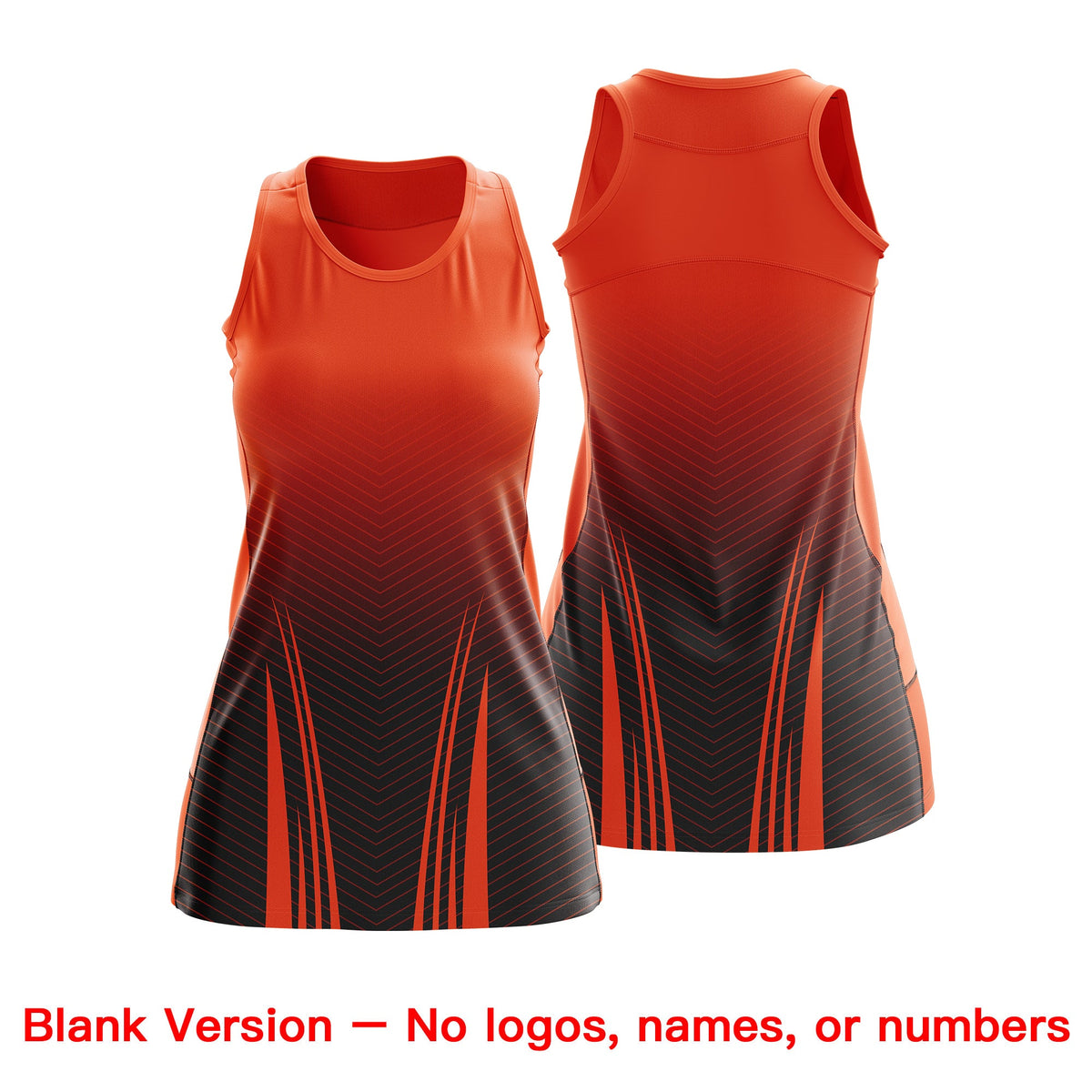 Custom Netball Dress Orange Black for Women with V-Shaped Pinstripes Personalized Team Uniform