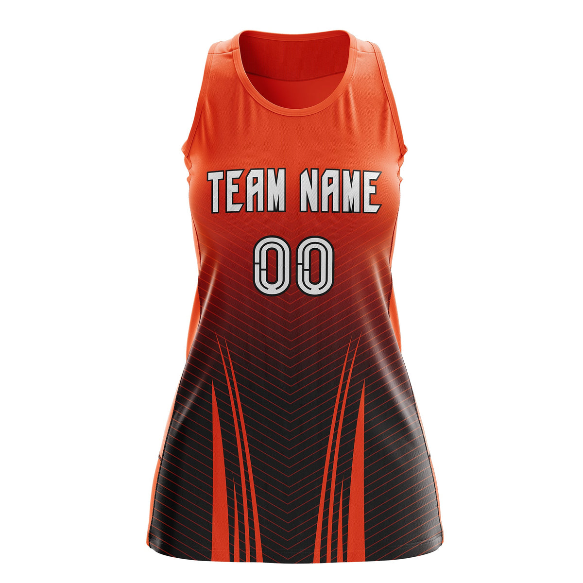 Custom Netball Dress Orange Black for Women with V-Shaped Pinstripes Personalized Team Uniform