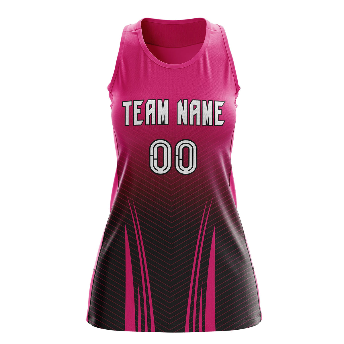 Custom Women Netball Dress | Rose Red Black V-Shaped Pinstripes Uniform with Name &amp; Number