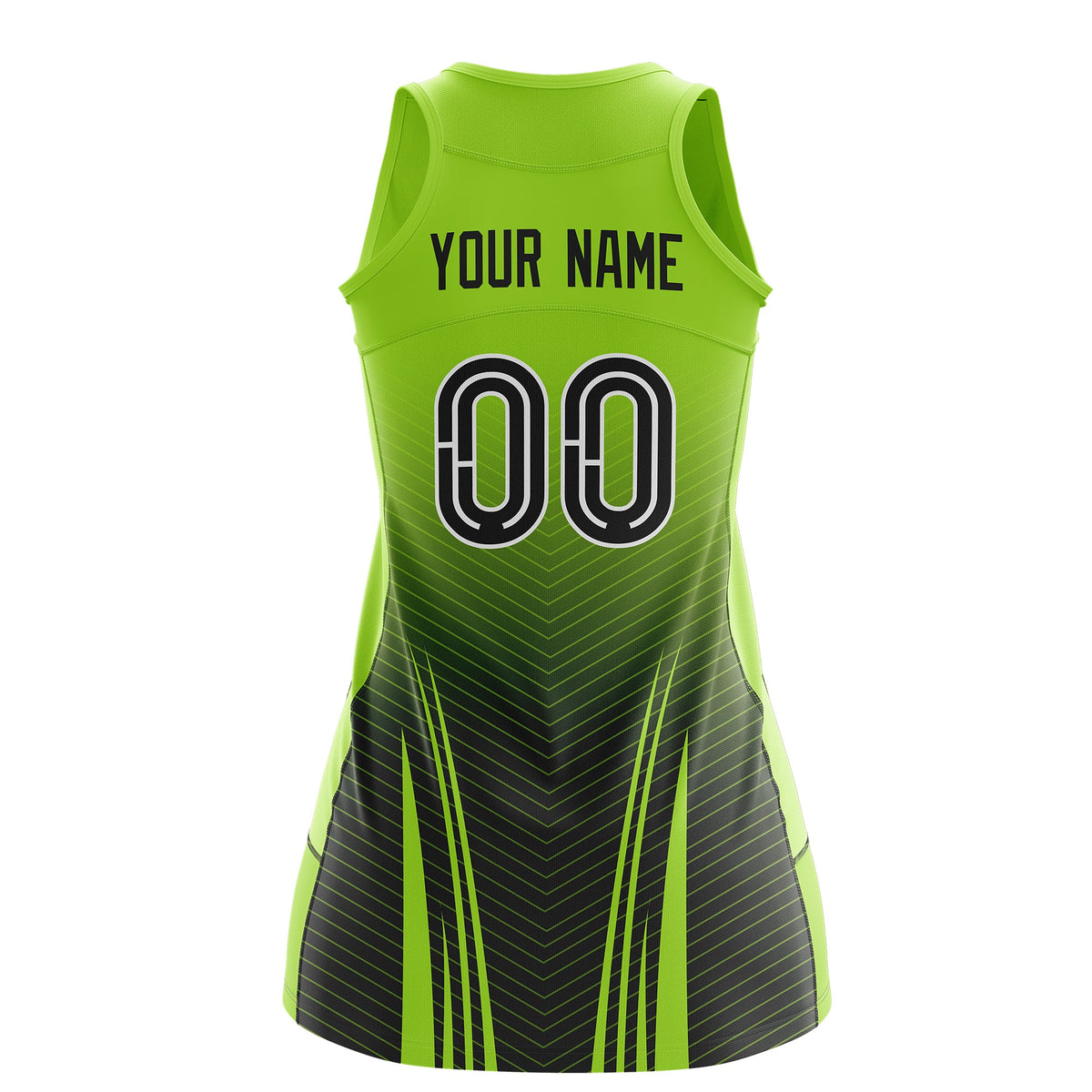 Custom Netball Dress | Neon Green Black V-Shaped Pinstripes Gradient Team Uniform