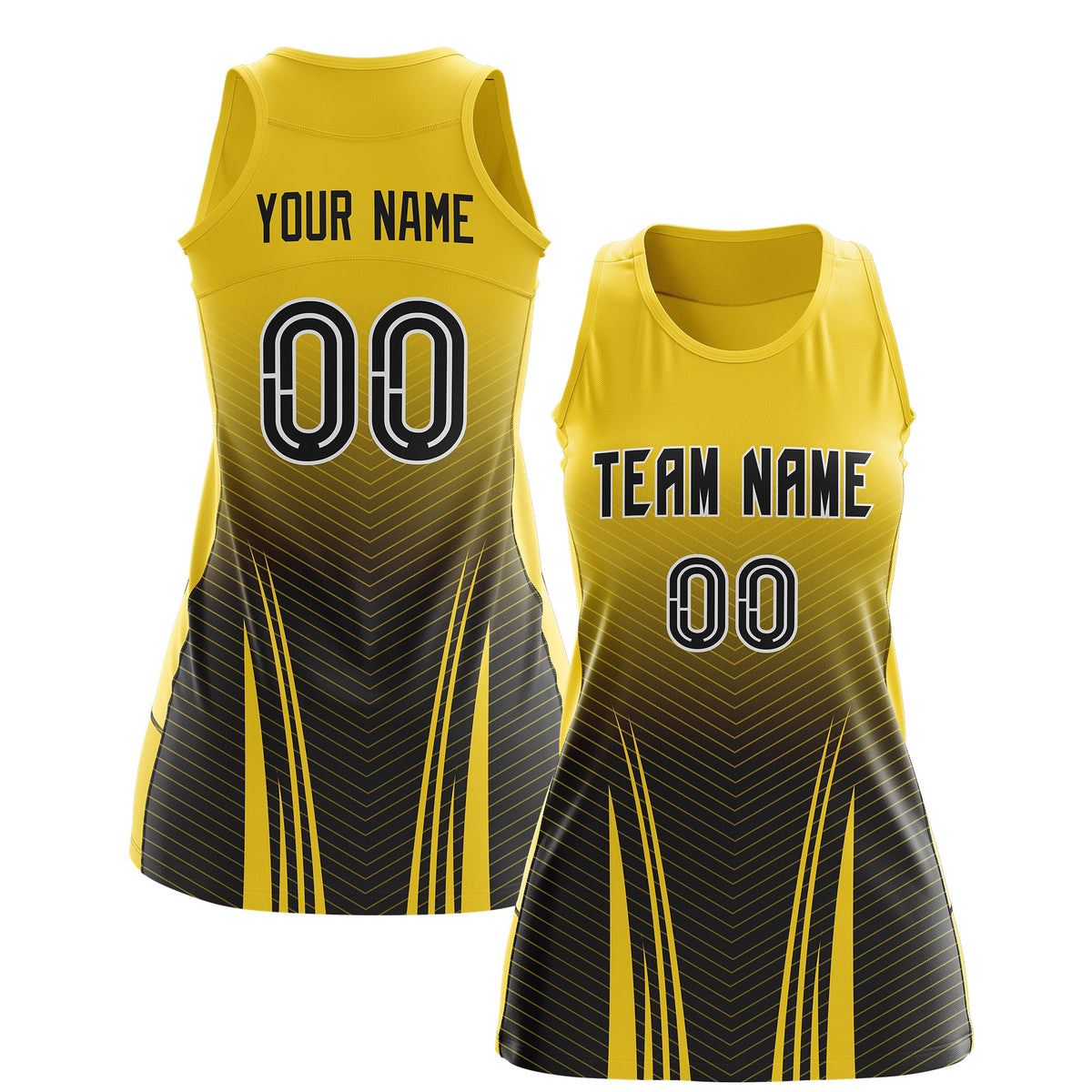 Custom Netball Dress Gold Black for Women with V-Shaped Pinstripes Personalized Team Uniform