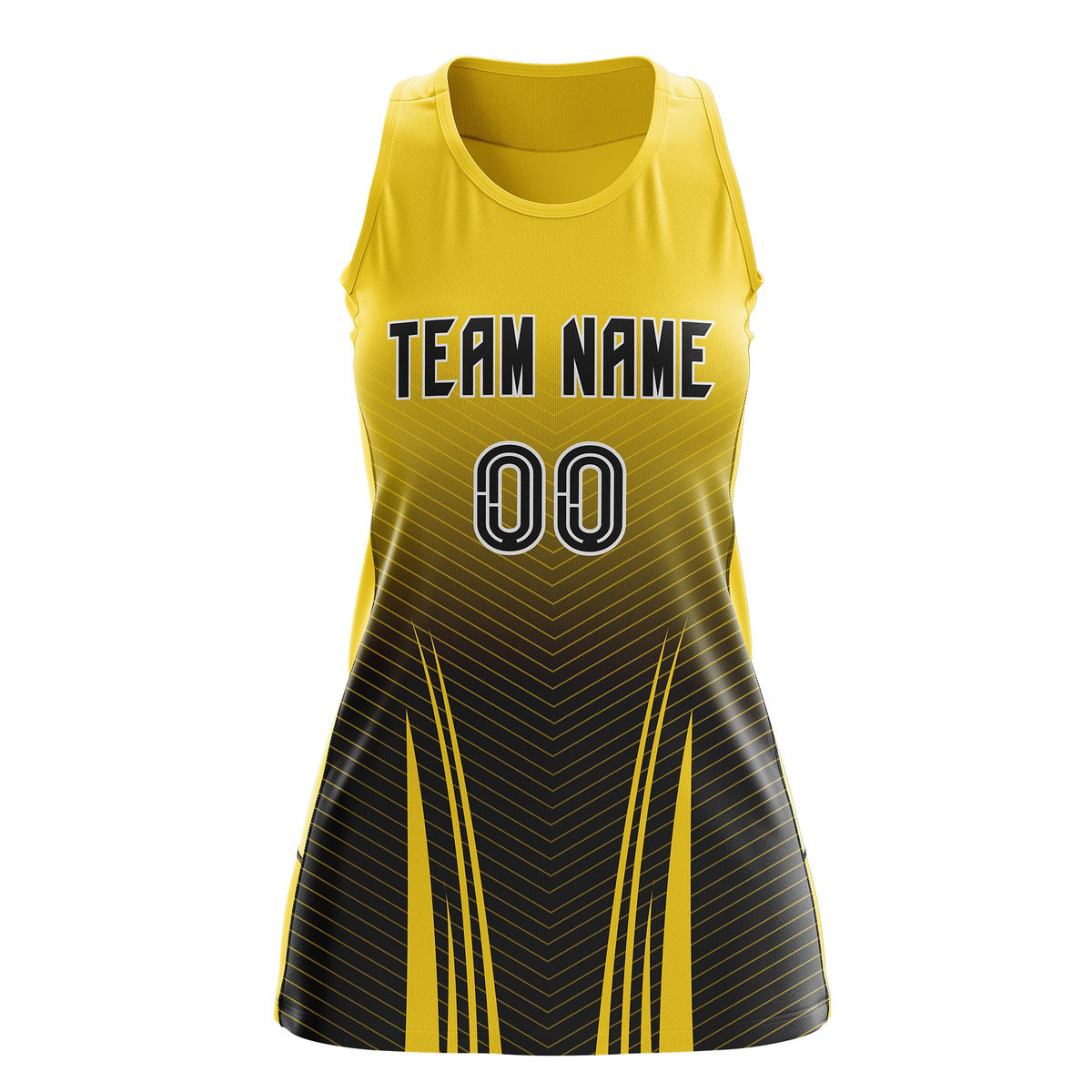 Custom Netball Dress Gold Black for Women with V-Shaped Pinstripes Personalized Team Uniform