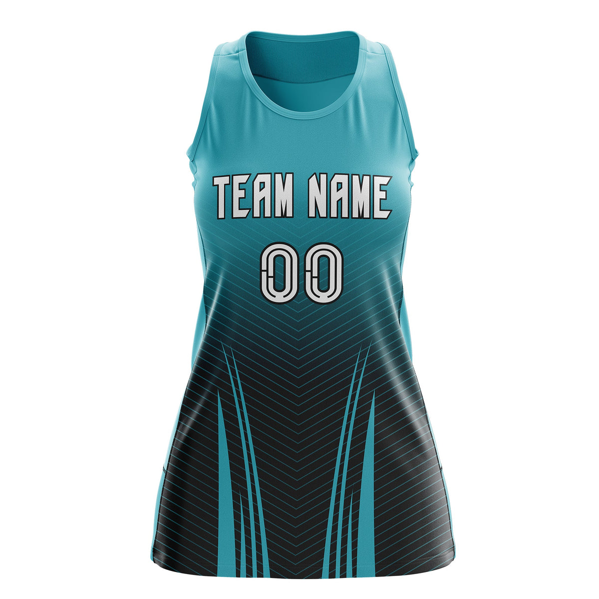 Custom Women Netball Dress | Aqua Black V-Shaped Pinstripes Uniform with Name &amp; Number