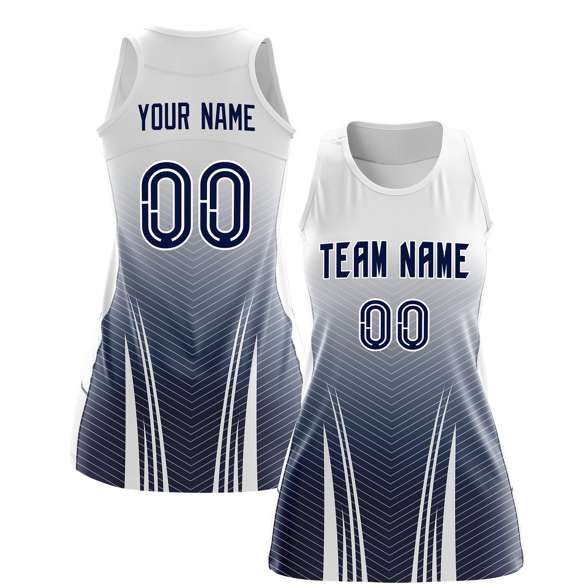 Custom Netball Dress White Navy for Women with V-Shaped Pinstripes Personalized Team Uniform