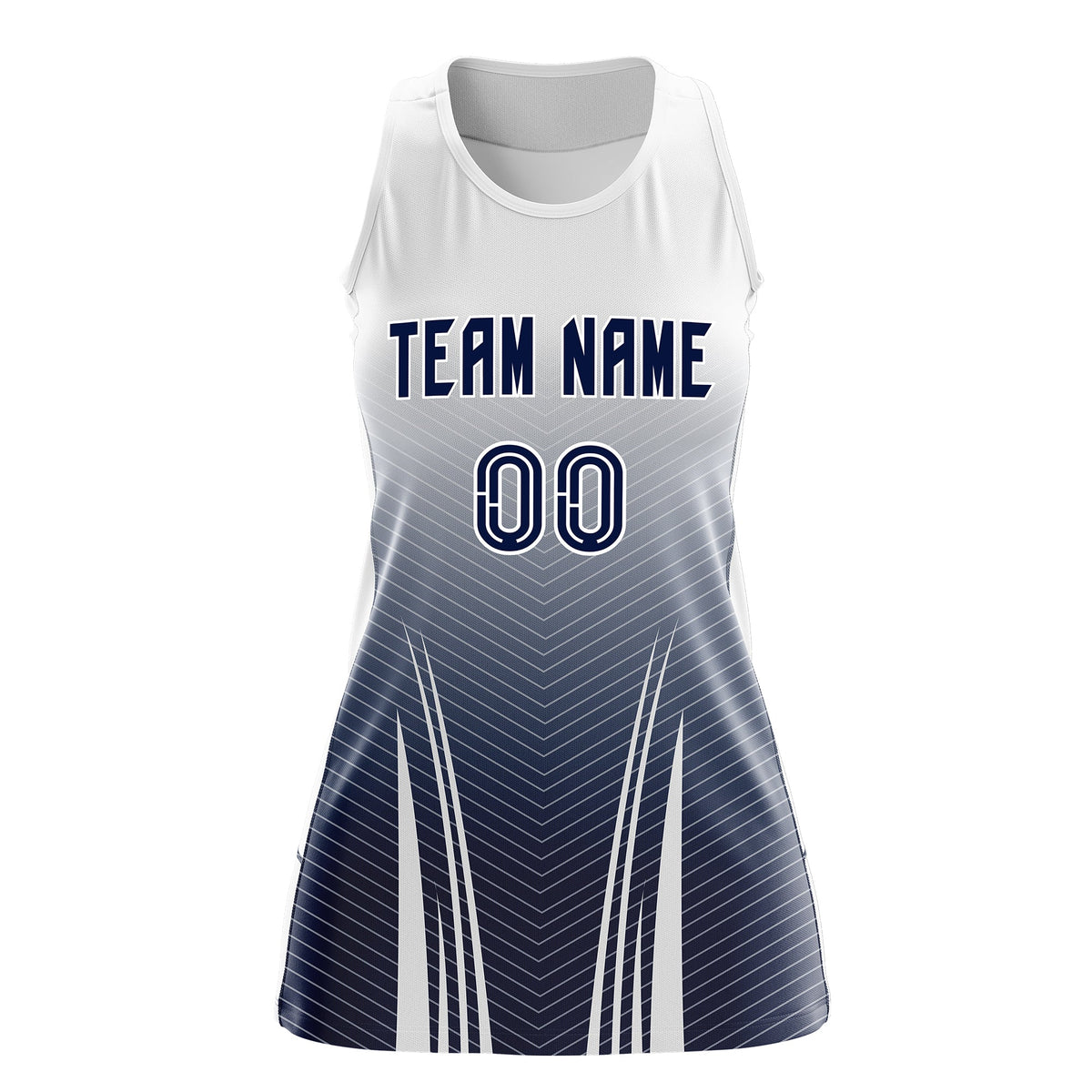 Custom Netball Dress White Navy for Women with V-Shaped Pinstripes Personalized Team Uniform