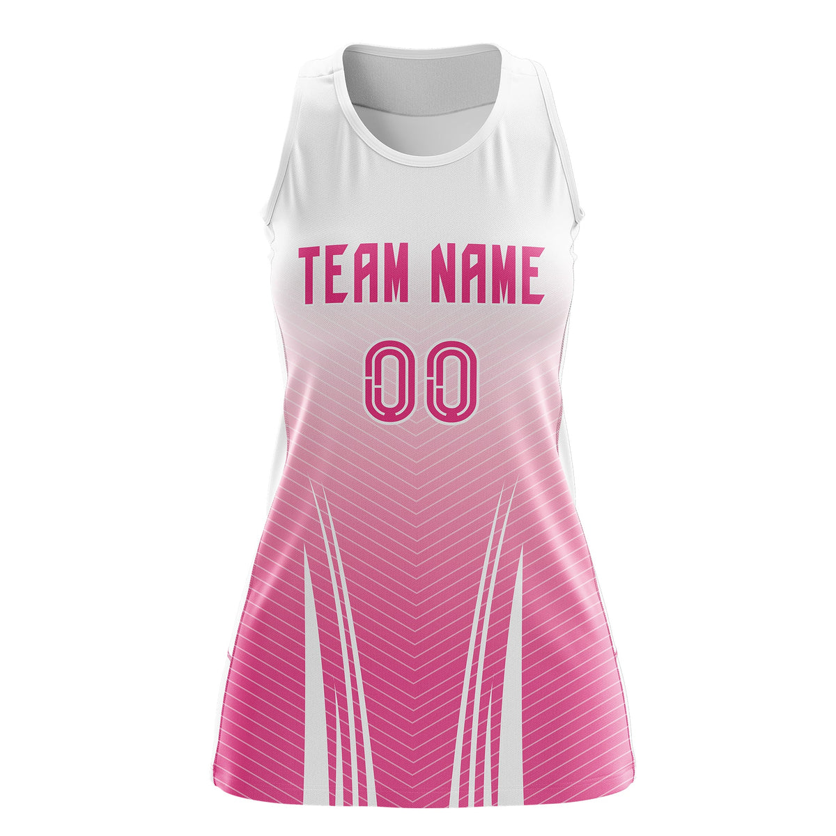 Custom Women Netball Dress | White Pink V-Shaped Pinstripes Uniform with Name &amp; Number