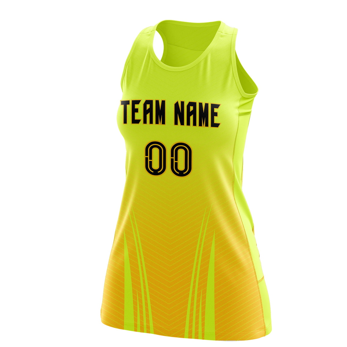 Custom Netball Dress Fluorescent Green Gold for Women with V-Shaped Pinstripes Personalized Team Uniform