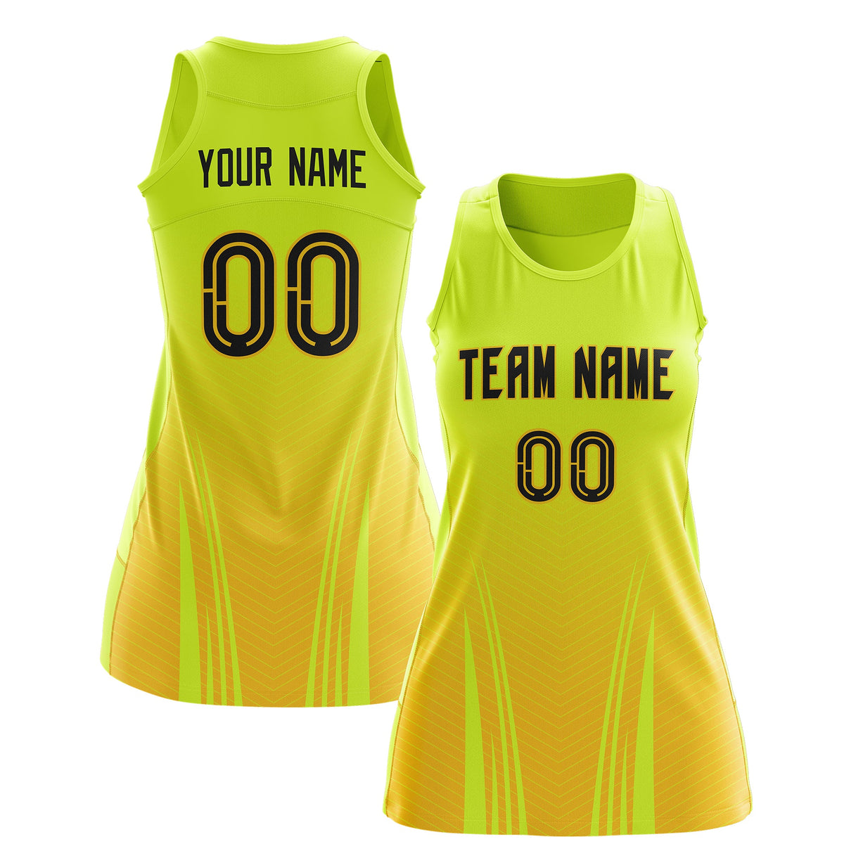 Custom Netball Dress Fluorescent Green Gold for Women with V-Shaped Pinstripes Personalized Team Uniform