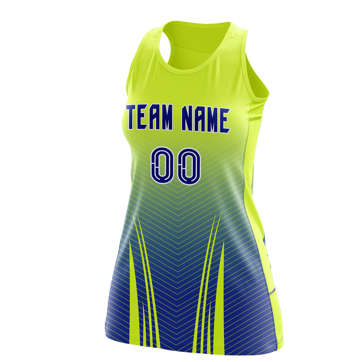 Custom Women Netball Dress | Fluorescent Green Royal Blue V-Shaped Pinstripes Uniform with Name &amp; Number