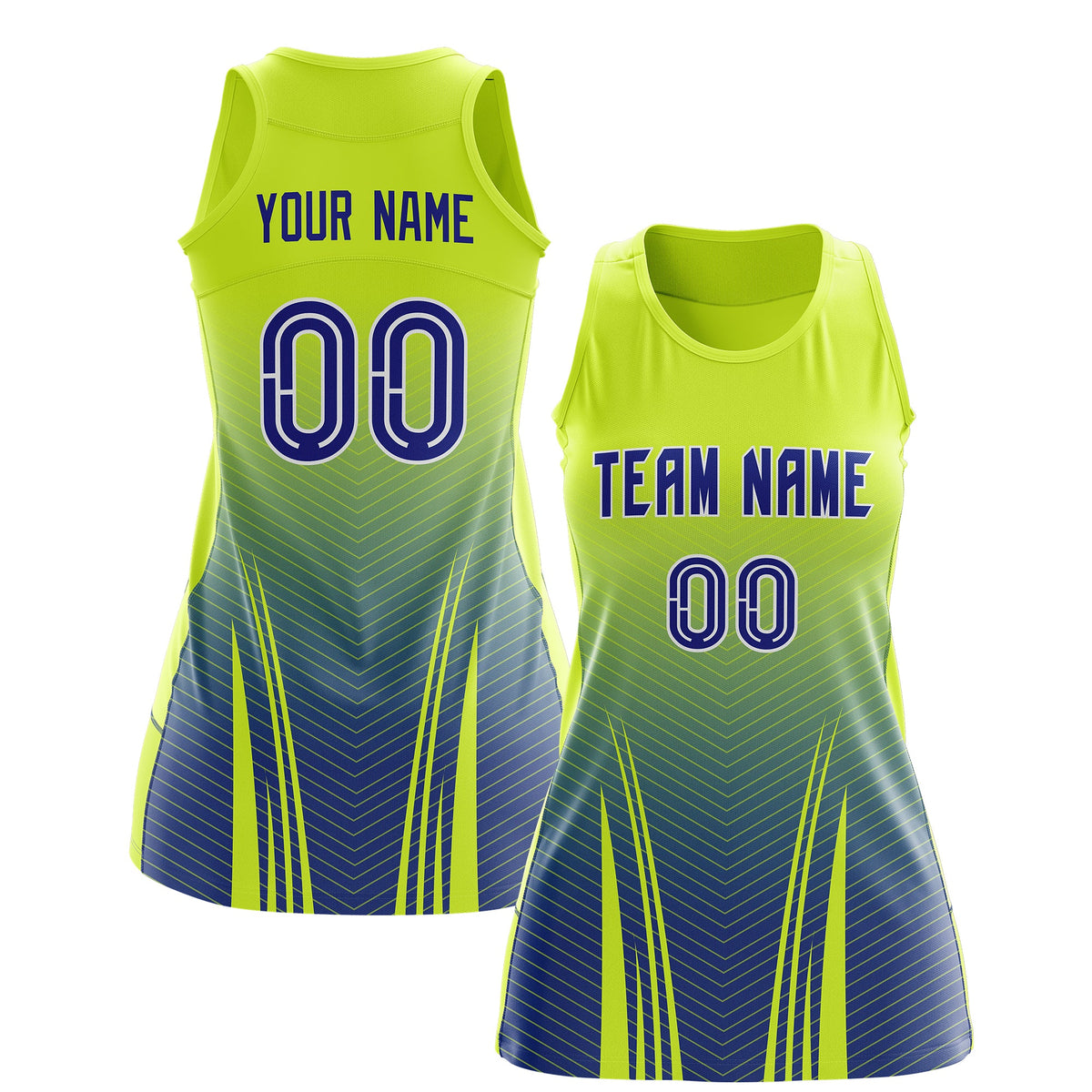 Custom Women Netball Dress | Fluorescent Green Royal Blue V-Shaped Pinstripes Uniform with Name &amp; Number