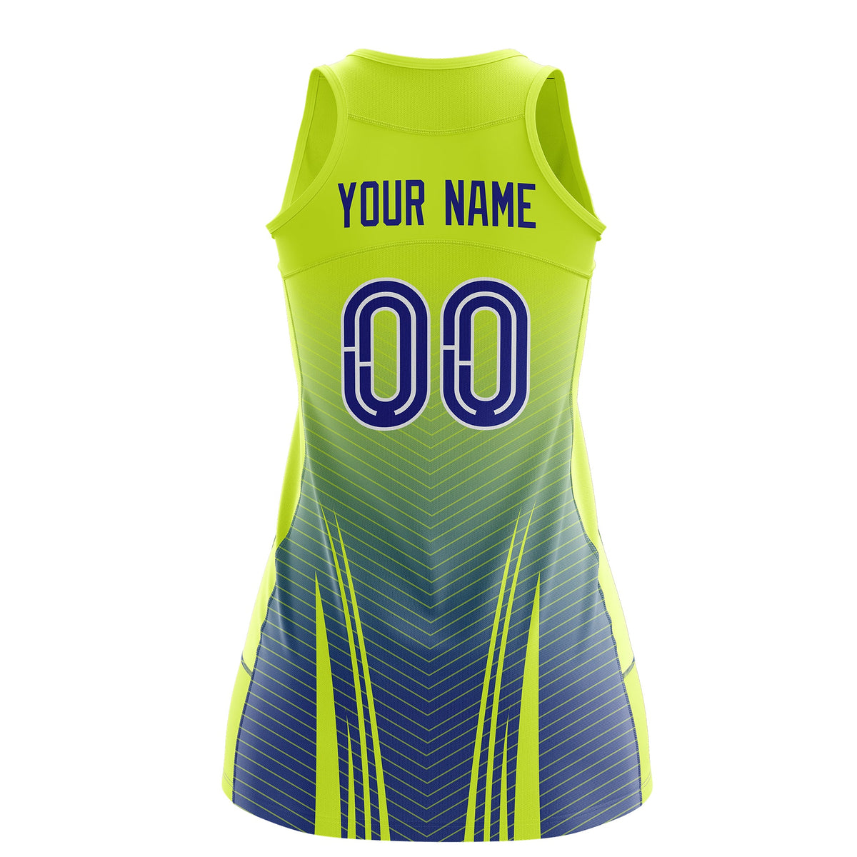Custom Women Netball Dress | Fluorescent Green Royal Blue V-Shaped Pinstripes Uniform with Name &amp; Number