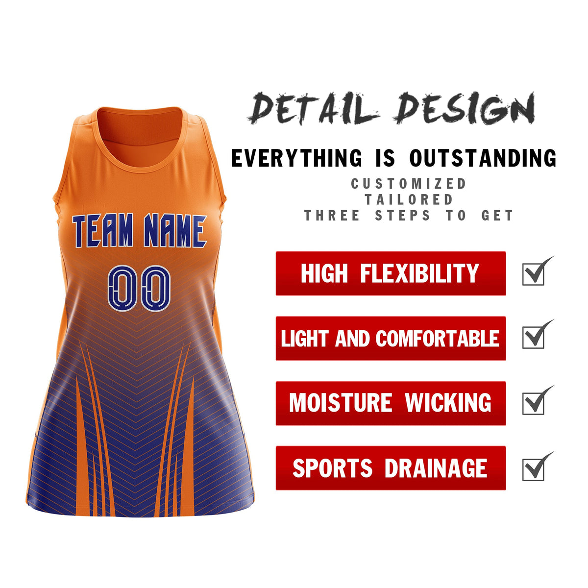 Custom Netball Dress | Orange Royal Blue V-Shaped Pinstripes Gradient Team Uniform