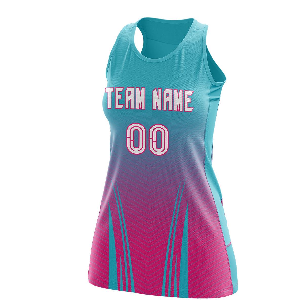 Custom Netball Dress Aqua Rose Red for Women with V-Shaped Pinstripes Personalized Team Uniform