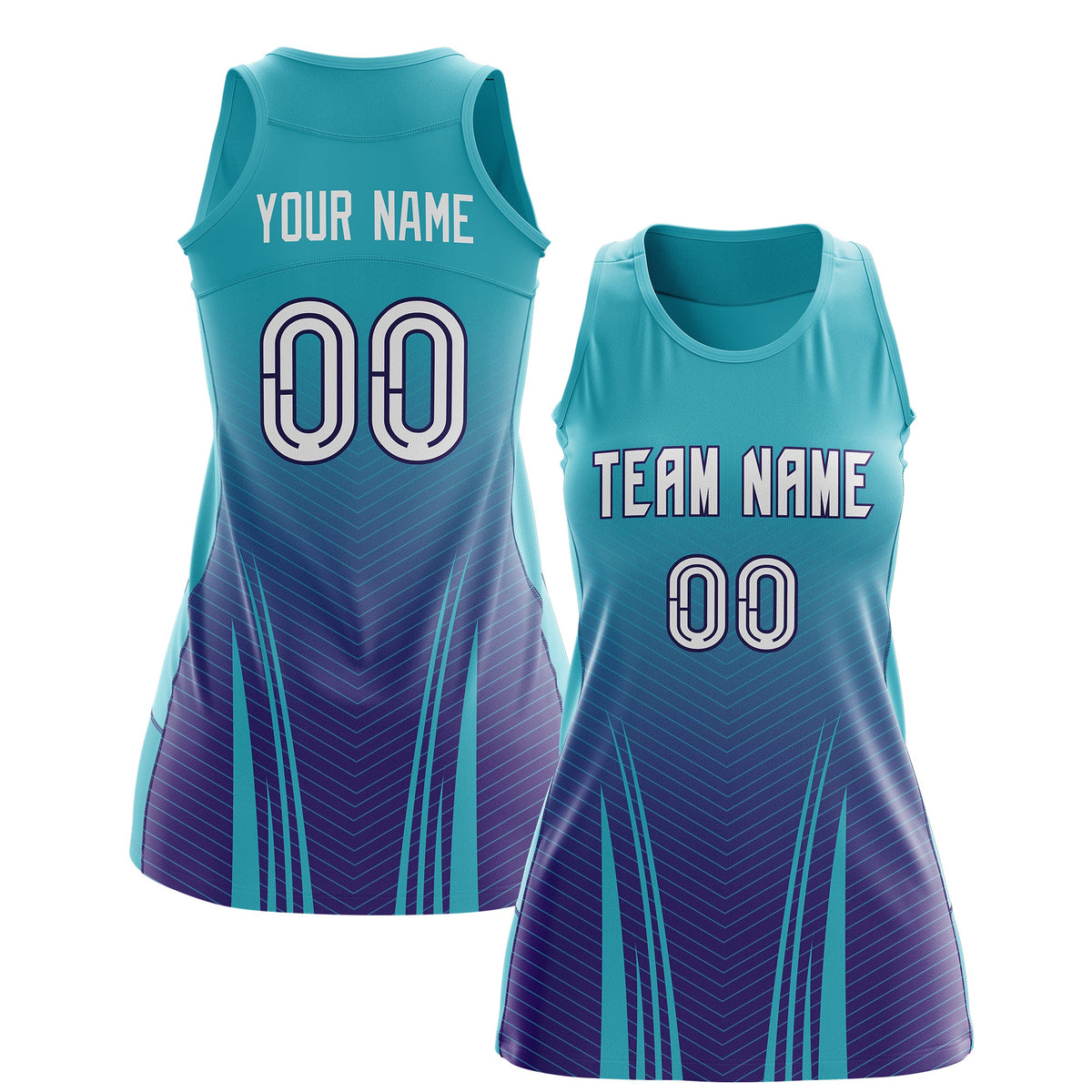 Custom Women Netball Dress | Aqua Purple V-Shaped Pinstripes Uniform with Name &amp; Number