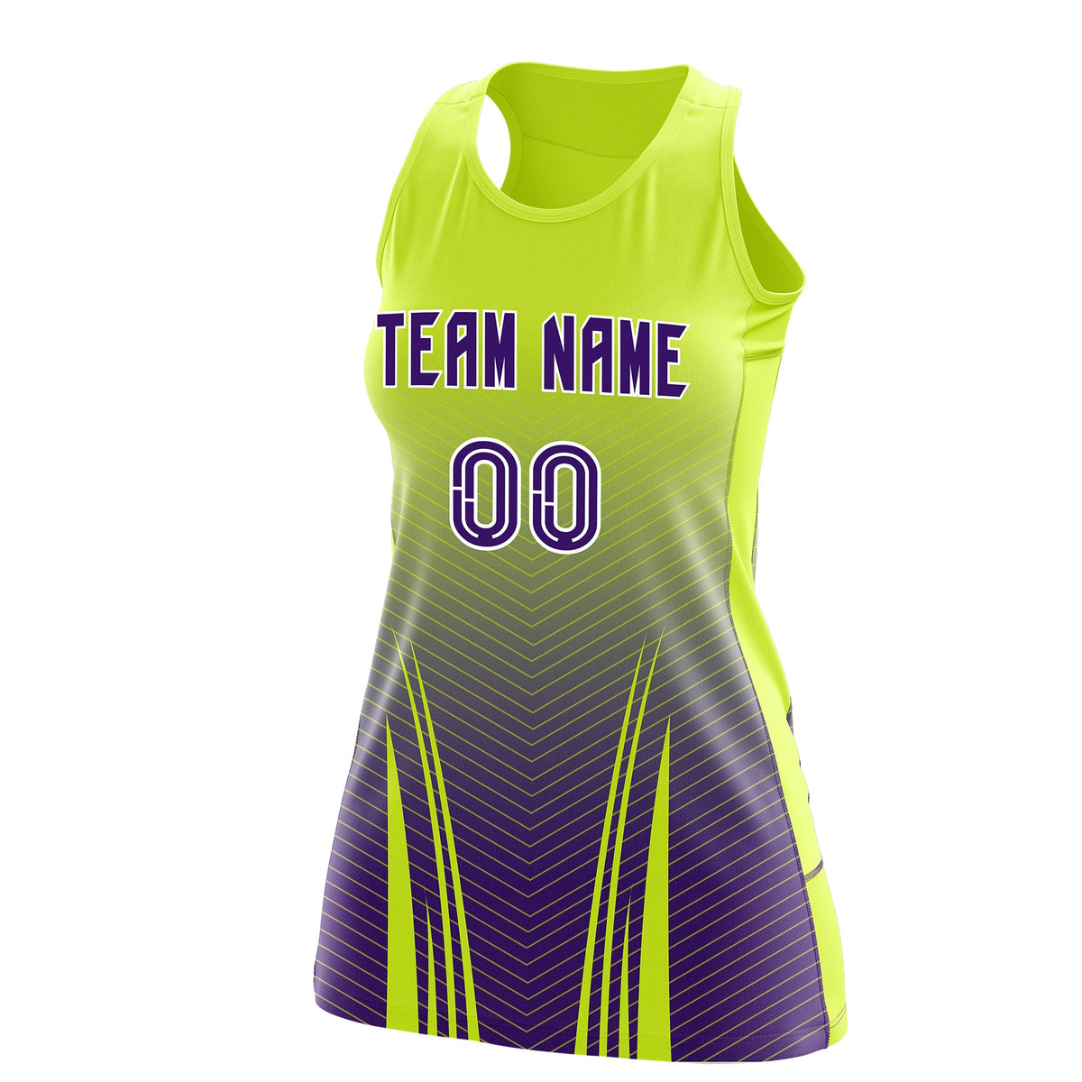 Custom Netball Dress | Fluorescent Green Purple V-Shaped Pinstripes Gradient Team Uniform