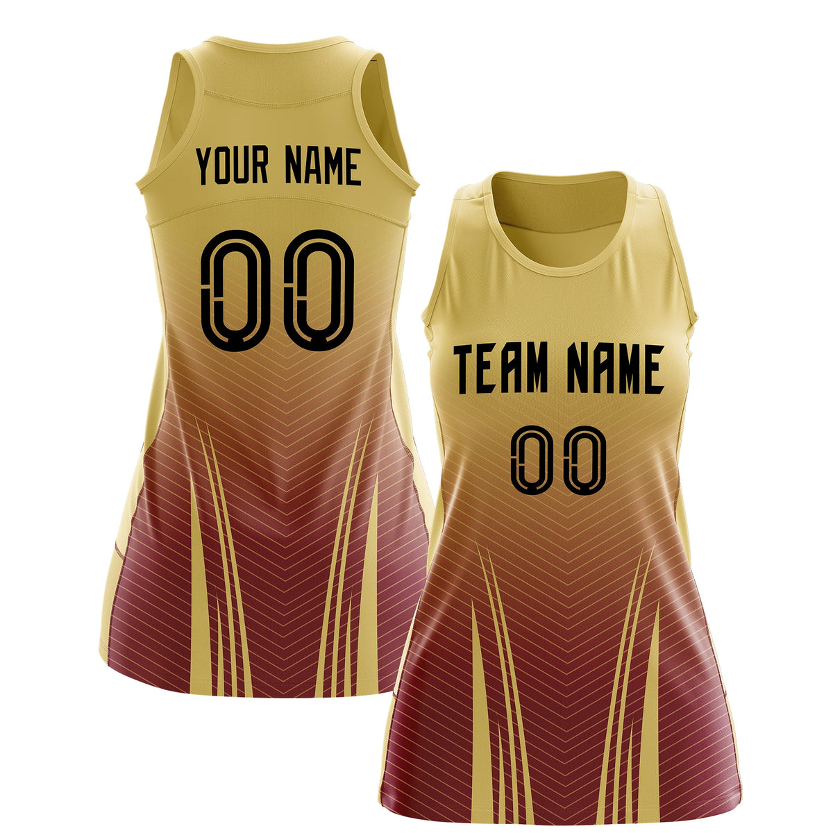 Custom Women Netball Dress | Khaki Crimson V-Shaped Pinstripes Uniform with Name &amp; Number