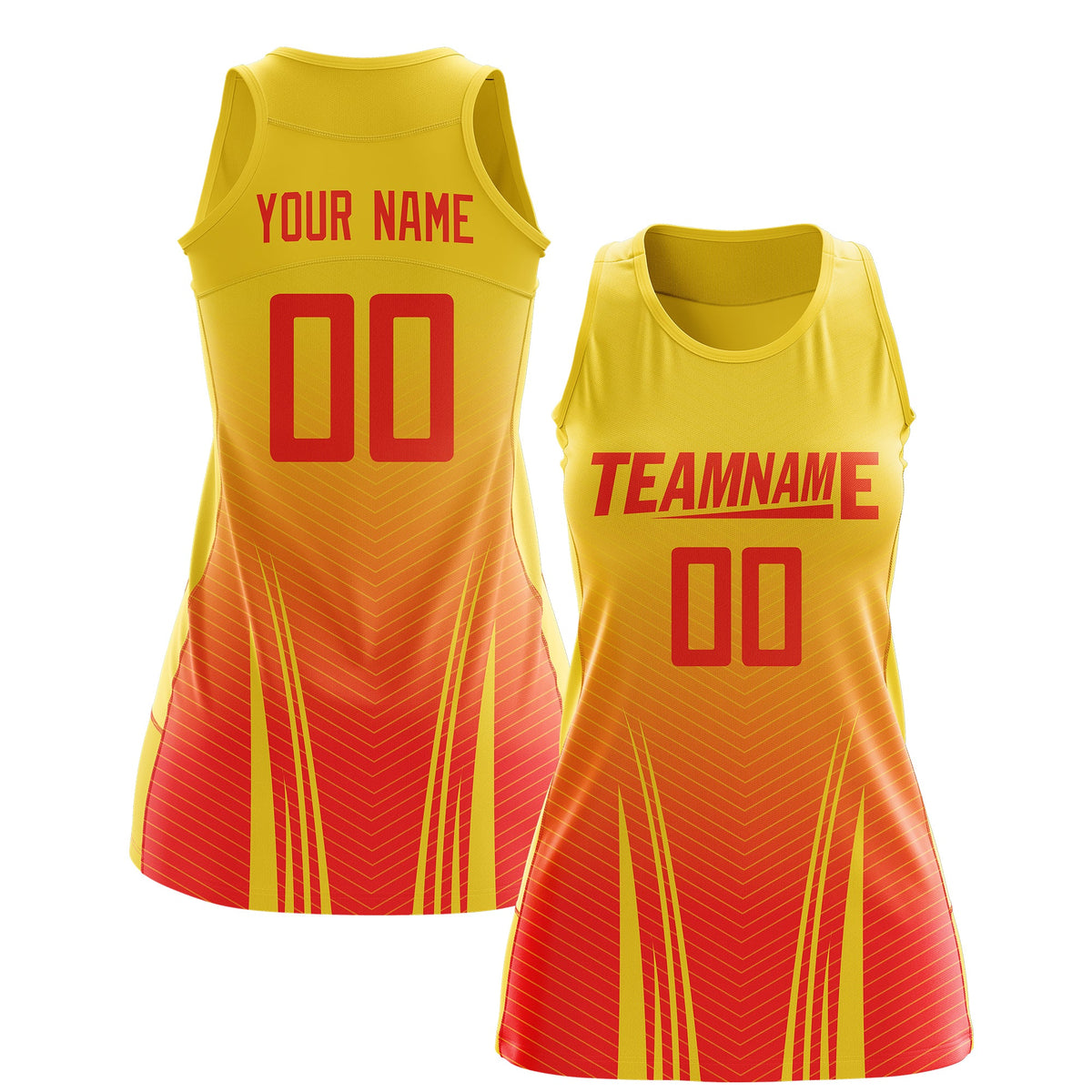 Custom Women Netball Dress | Gold Orange V-Shaped Pinstripes Uniform with Name &amp; Number