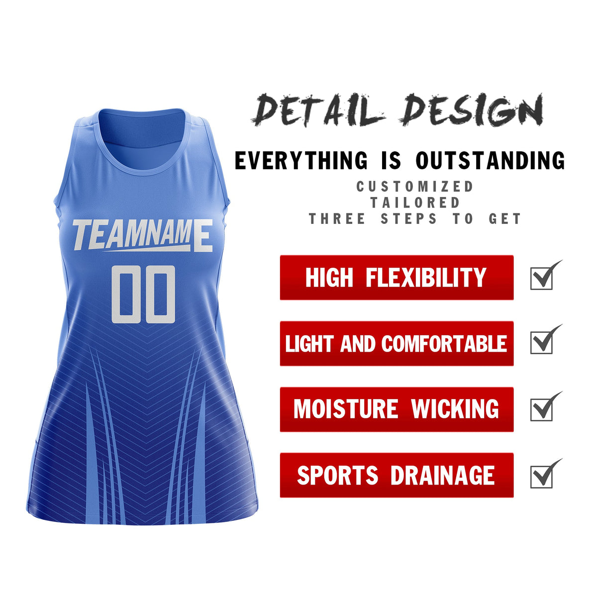 Custom Netball Dress | Light Blue Royal Blue V-Shaped Pinstripes Gradient Team Uniform