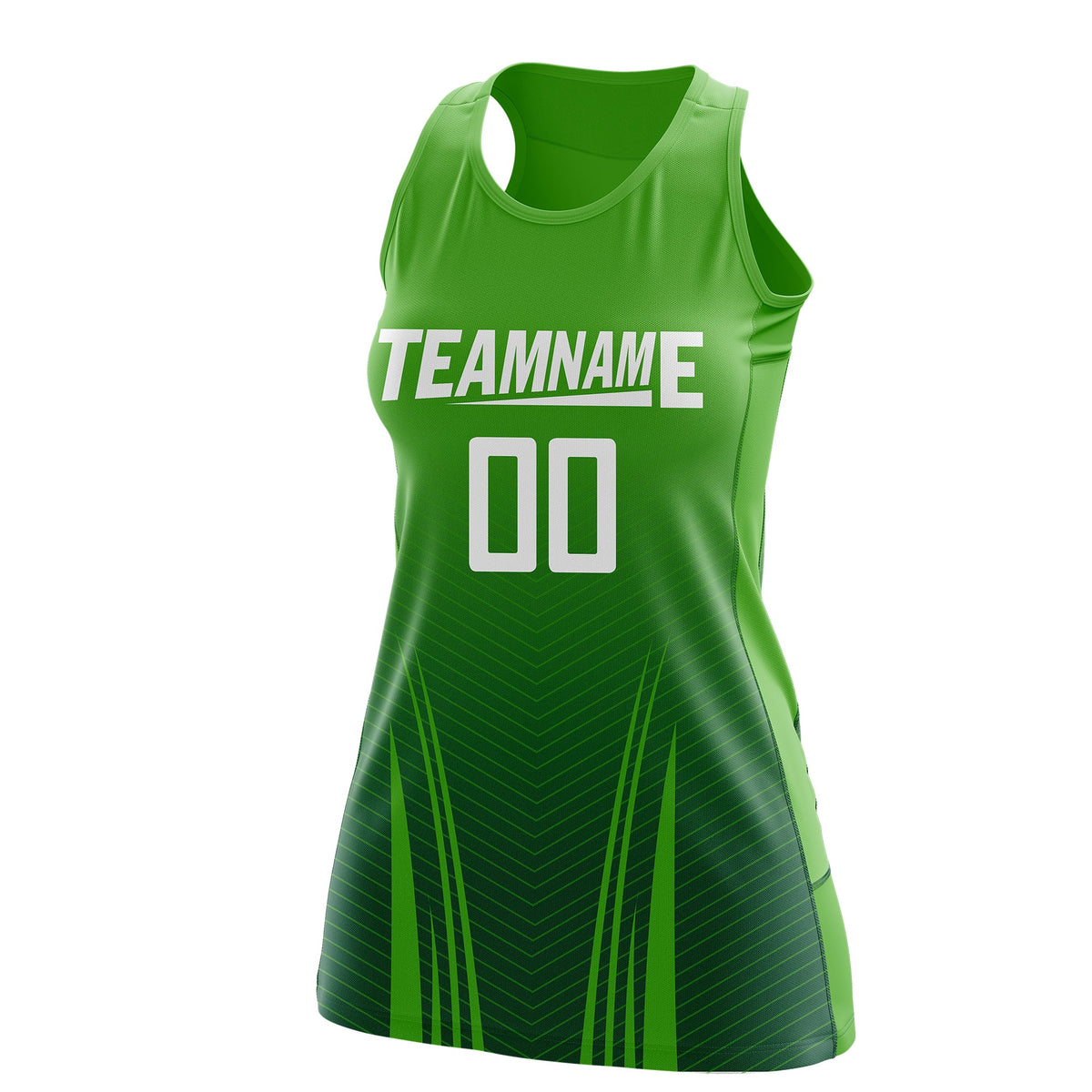 Custom Netball Dress Light Green Green for Women with V-Shaped Pinstripes Personalized Team Uniform