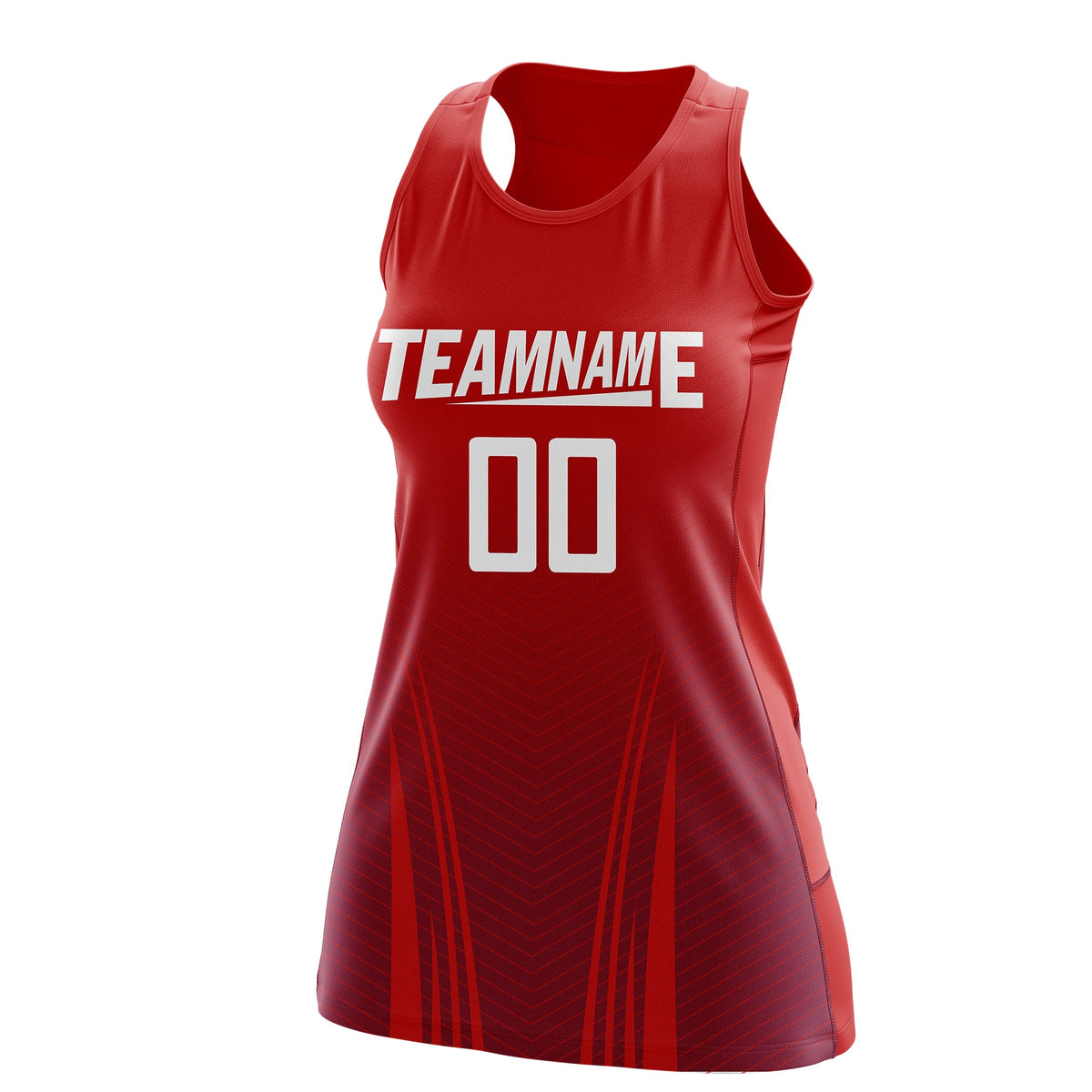 Custom Women Netball Dress | Red Crimson V-Shaped Pinstripes Uniform with Name &amp; Number