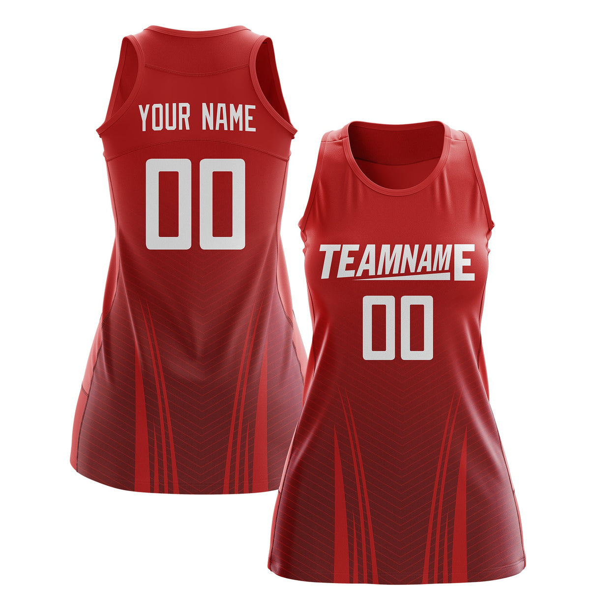 Custom Women Netball Dress | Red Crimson V-Shaped Pinstripes Uniform with Name &amp; Number