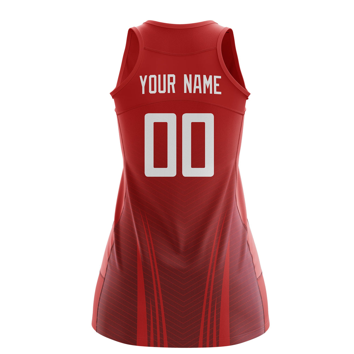 Custom Women Netball Dress | Red Crimson V-Shaped Pinstripes Uniform with Name &amp; Number