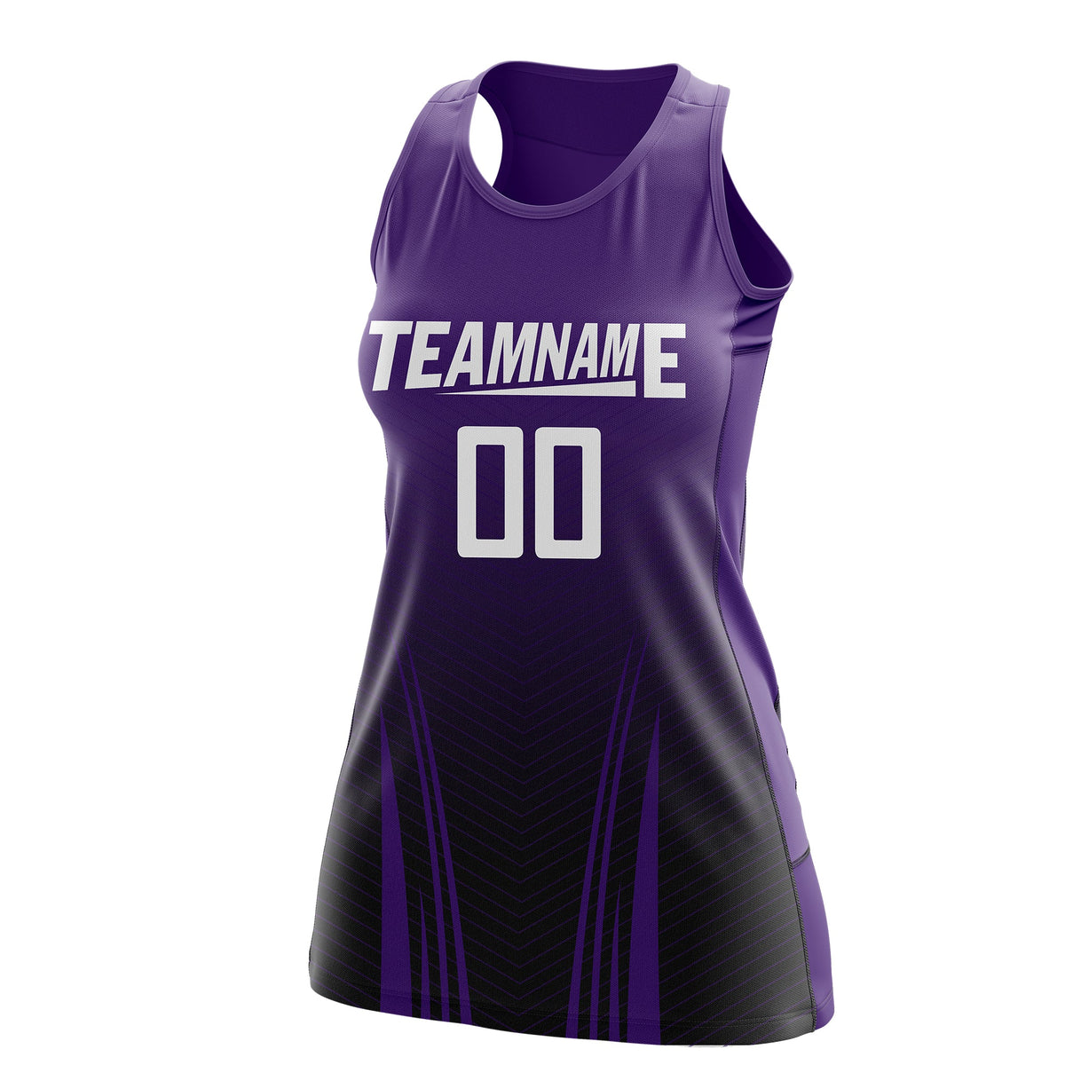 Custom Netball Dress | Purple Black V-Shaped Pinstripes Gradient Team Uniform