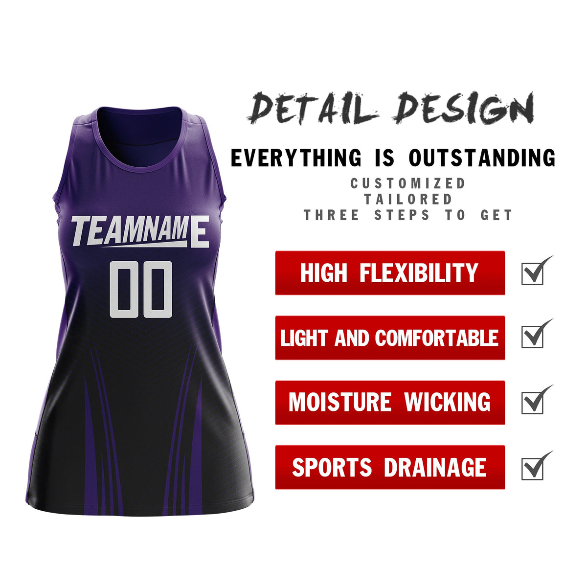 Custom Netball Dress | Purple Black V-Shaped Pinstripes Gradient Team Uniform