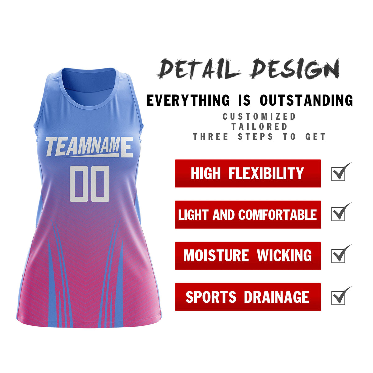 Custom Women Netball Dress | Light Blue Pink V-Shaped Pinstripes Uniform with Name &amp; Number