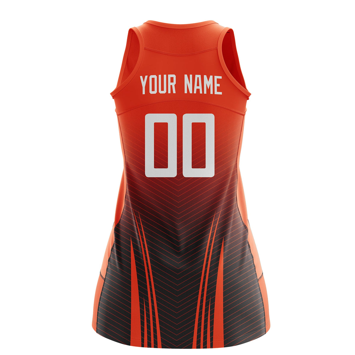 Custom Netball Dress Orange Black for Women with V-Shaped Pinstripes Personalized Team Uniform