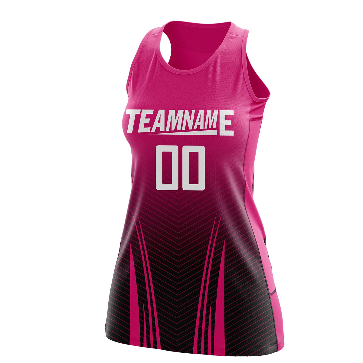 Custom Women Netball Dress | Rose Red Black V-Shaped Pinstripes Uniform with Name &amp; Number