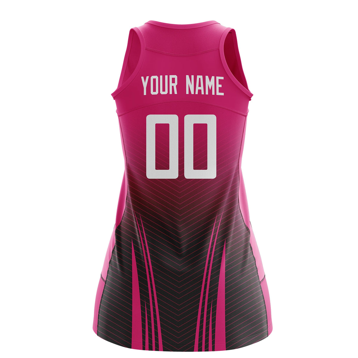 Custom Women Netball Dress | Rose Red Black V-Shaped Pinstripes Uniform with Name &amp; Number