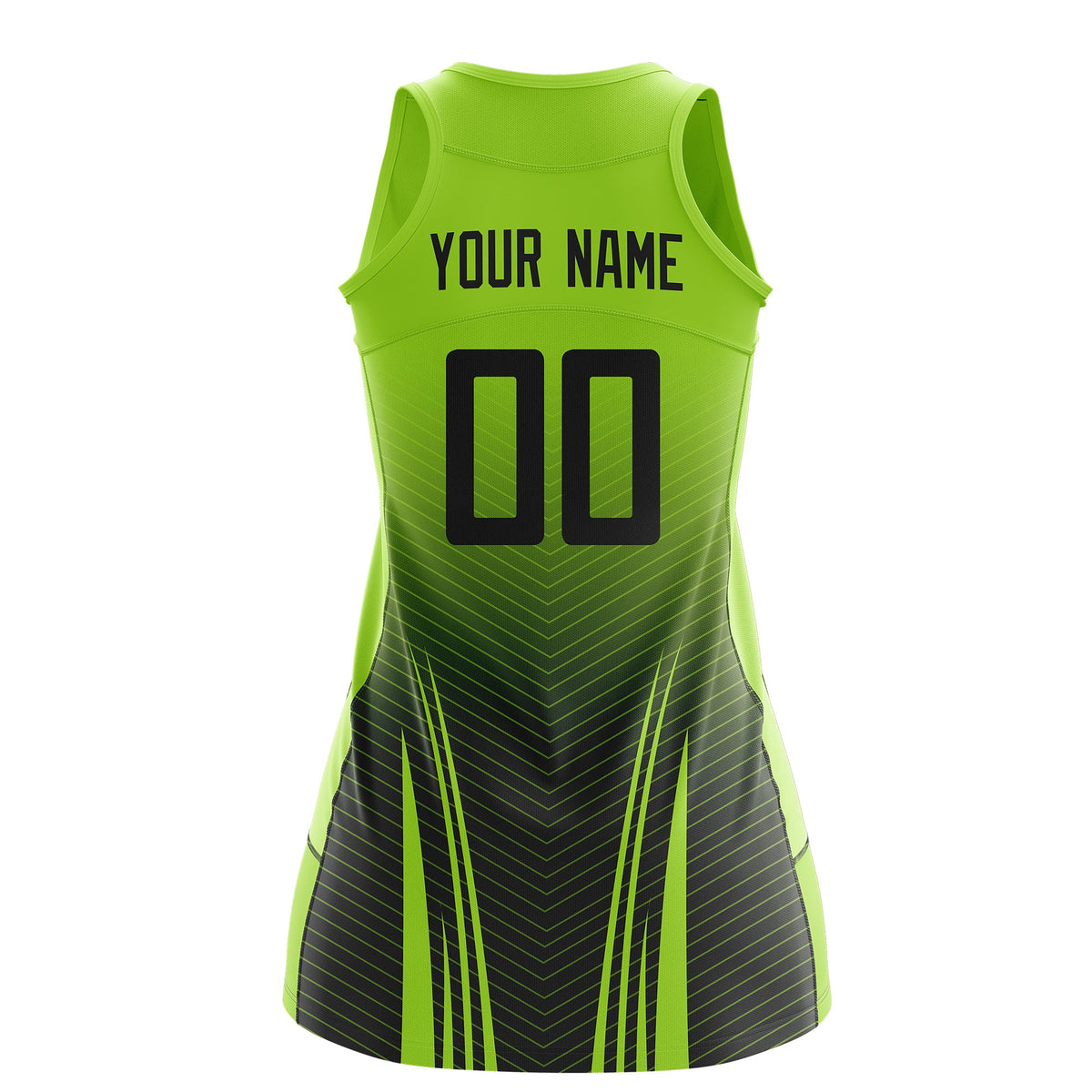 Custom Netball Dress | Neon Green Black V-Shaped Pinstripes Gradient Team Uniform