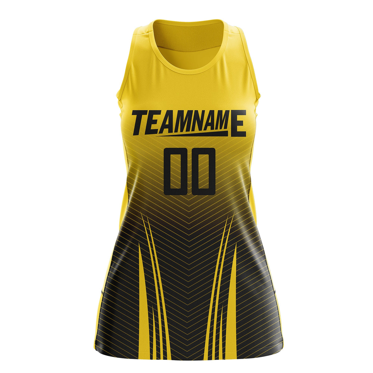 Custom Netball Dress Gold Black for Women with V-Shaped Pinstripes Personalized Team Uniform