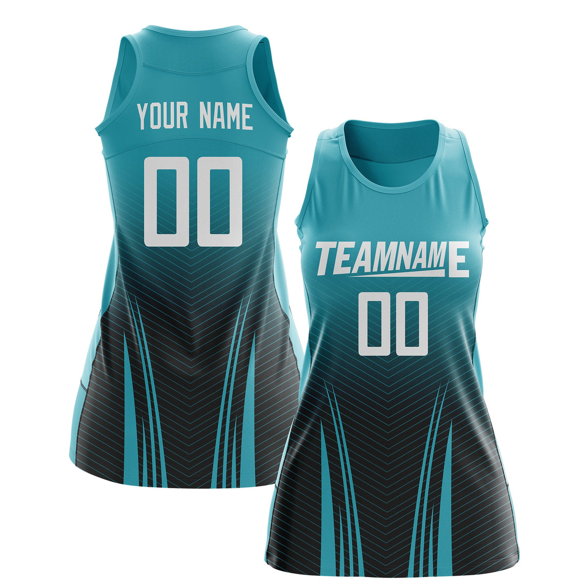 Custom Women Netball Dress | Aqua Black V-Shaped Pinstripes Uniform with Name &amp; Number