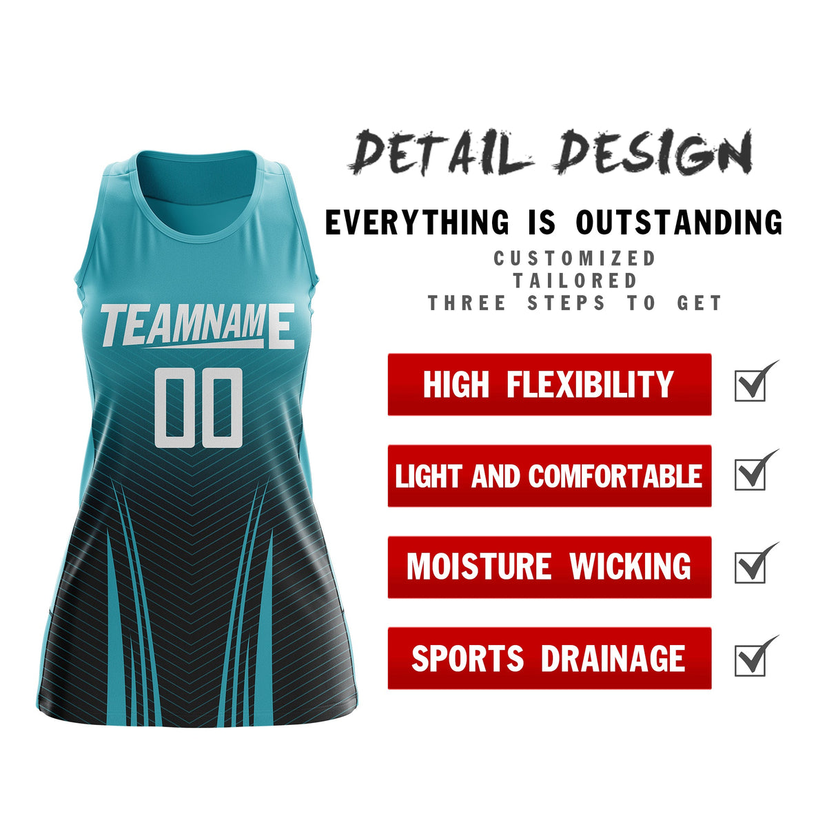 Custom Women Netball Dress | Aqua Black V-Shaped Pinstripes Uniform with Name &amp; Number