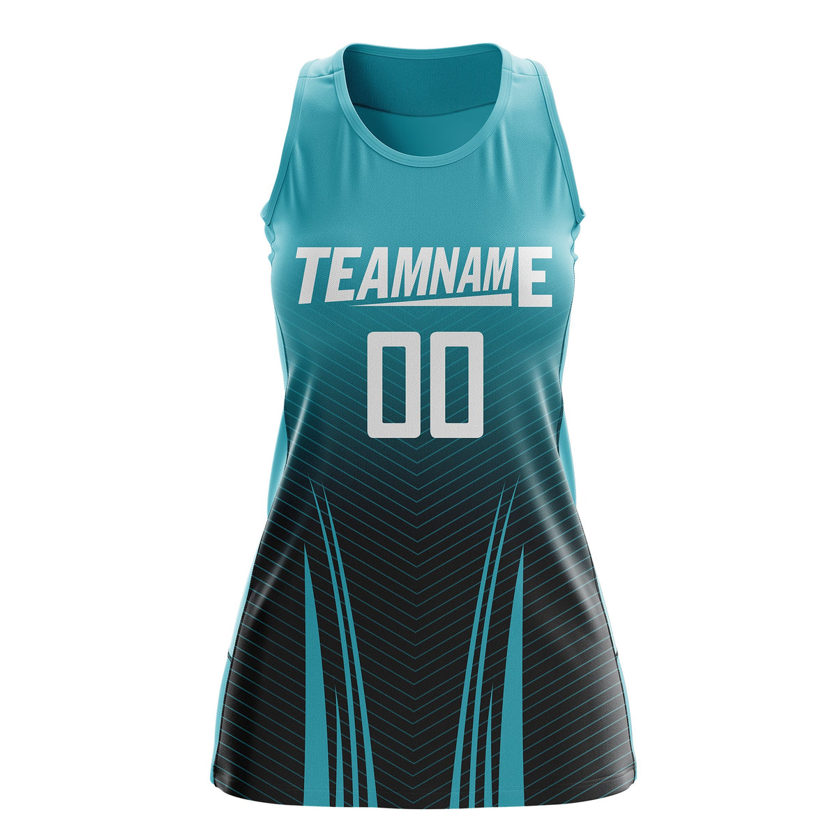 Custom Women Netball Dress | Aqua Black V-Shaped Pinstripes Uniform with Name &amp; Number
