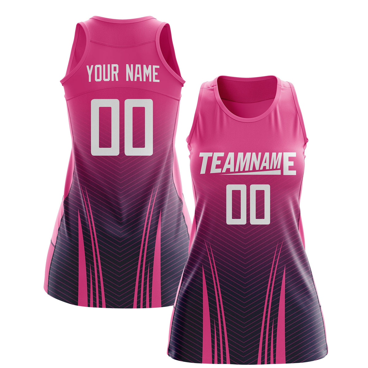 Custom Netball Dress | Rose Red Navy V-Shaped Pinstripes Gradient Team Uniform