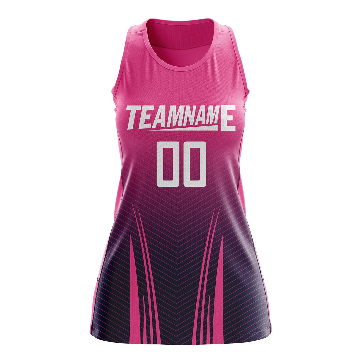 Custom Netball Dress | Rose Red Navy V-Shaped Pinstripes Gradient Team Uniform