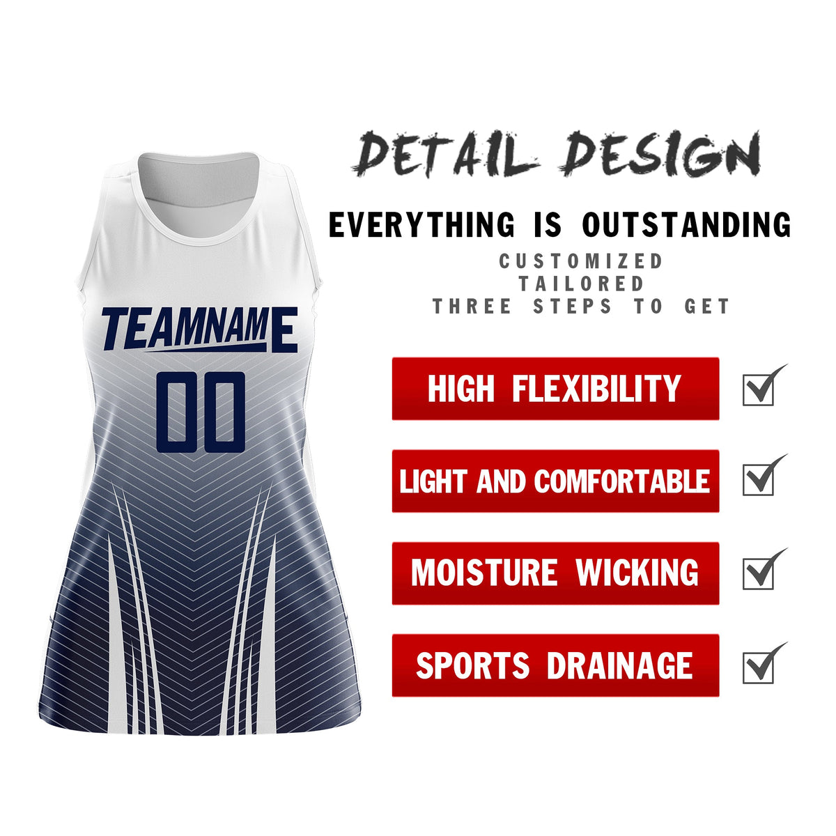 Custom Netball Dress White Navy for Women with V-Shaped Pinstripes Personalized Team Uniform