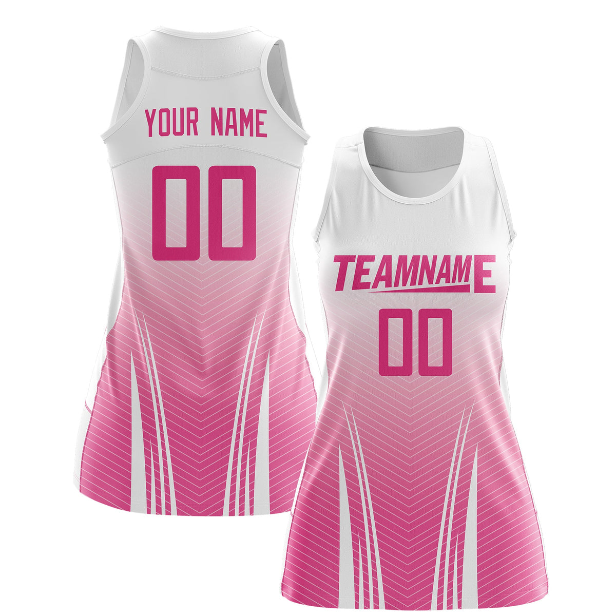 Custom Women Netball Dress | White Pink V-Shaped Pinstripes Uniform with Name &amp; Number