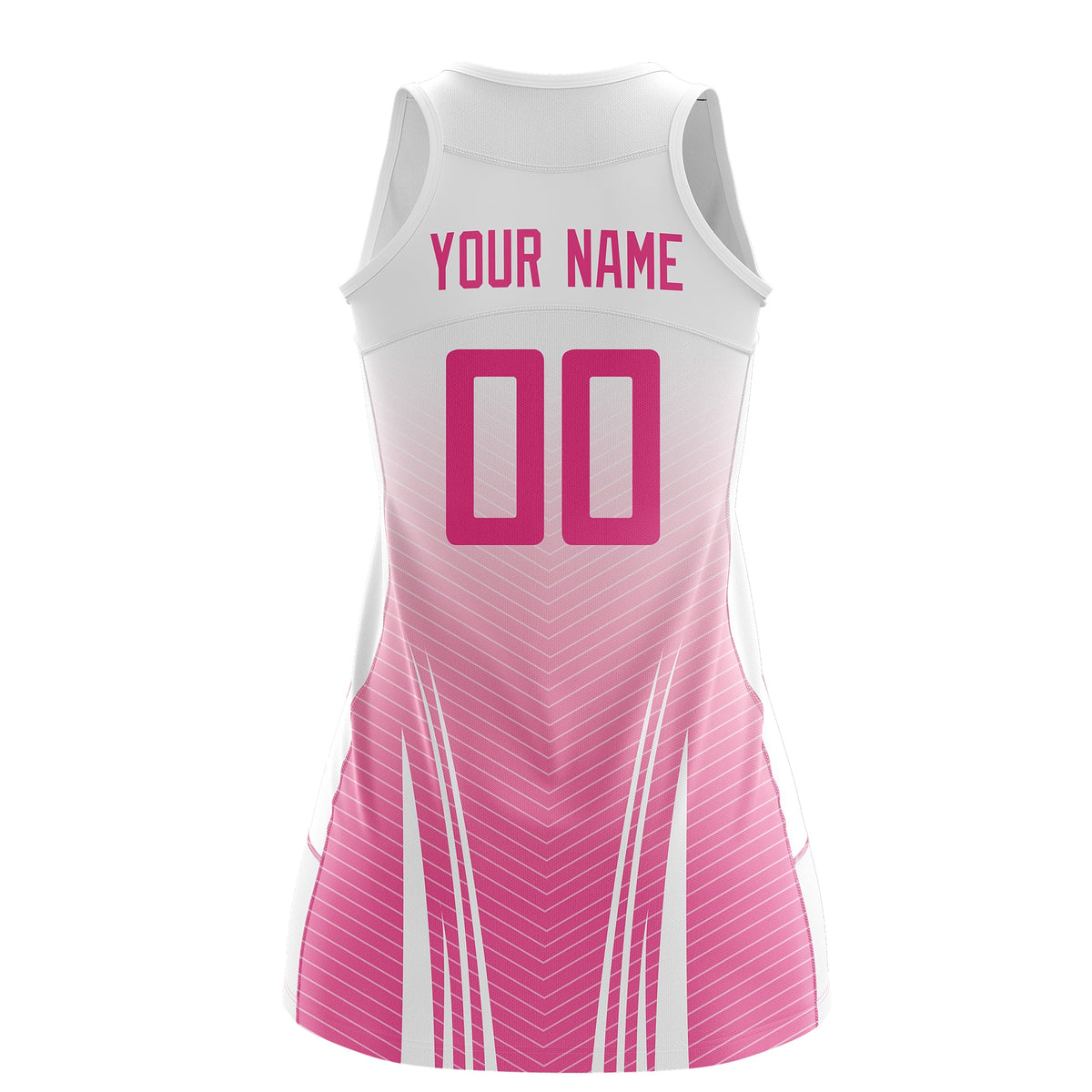 Custom Women Netball Dress | White Pink V-Shaped Pinstripes Uniform with Name &amp; Number