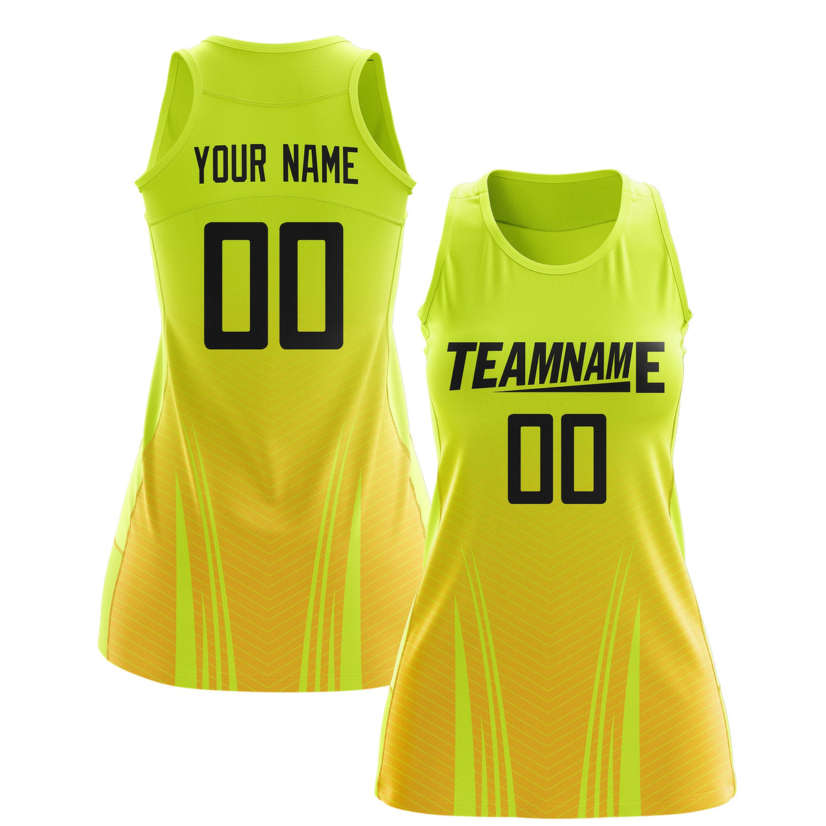 Custom Netball Dress Fluorescent Green Gold for Women with V-Shaped Pinstripes Personalized Team Uniform